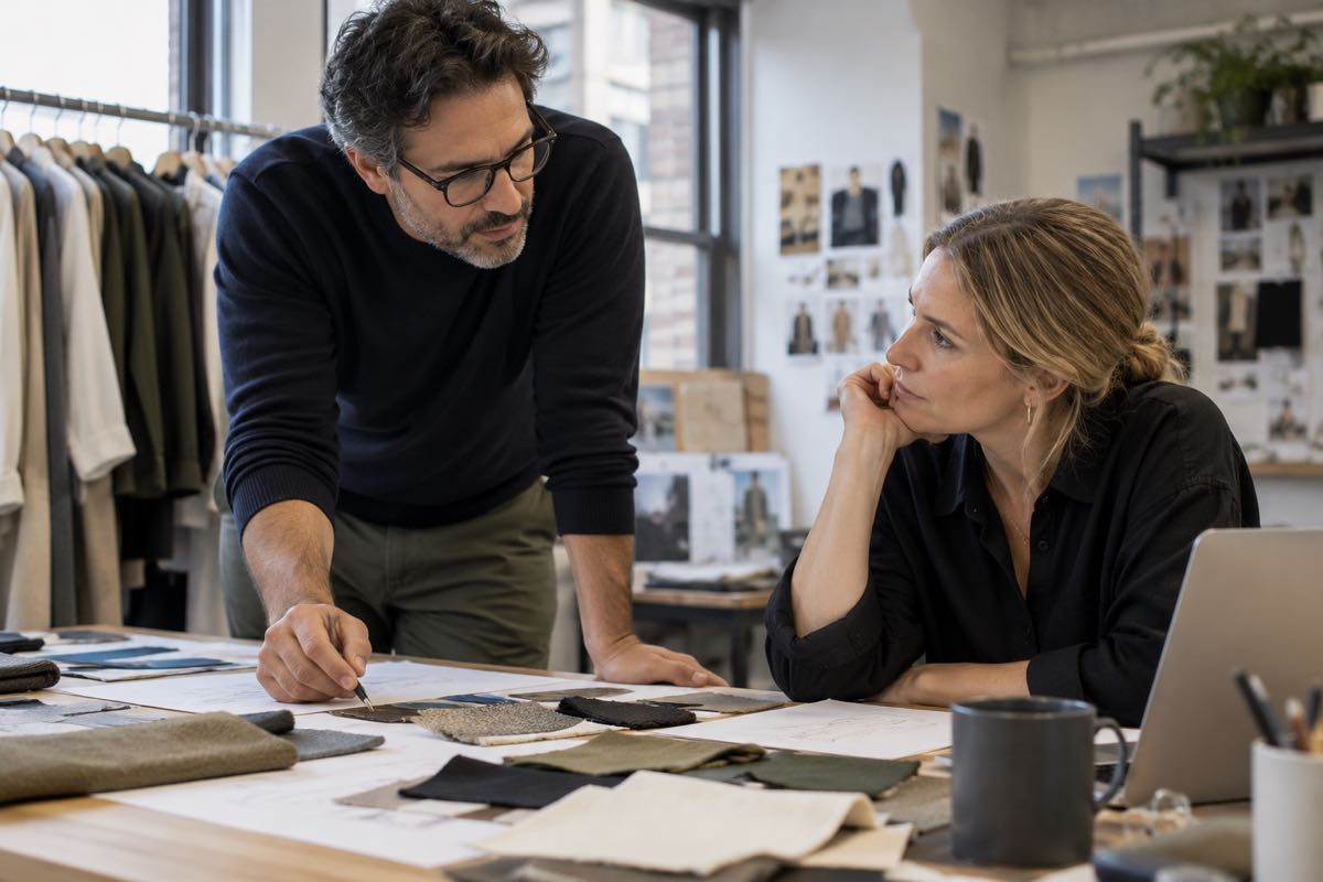 Two company leaders reviewing fabric swatches at a studio desk