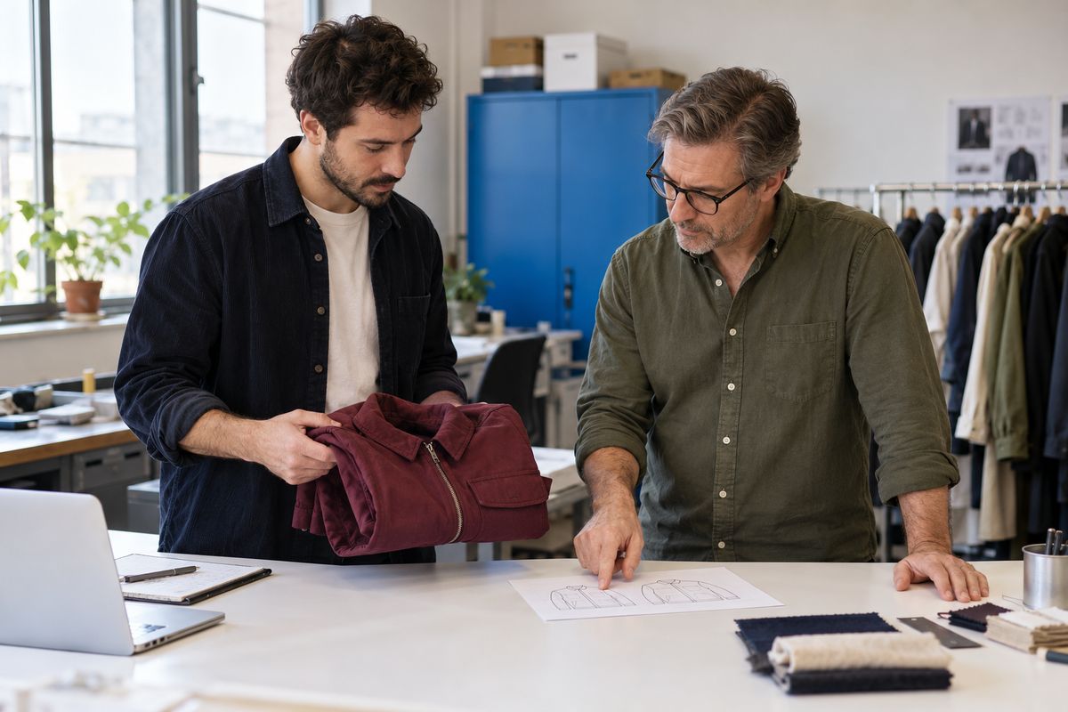 Designers reviewing a jacket against its flat sketch