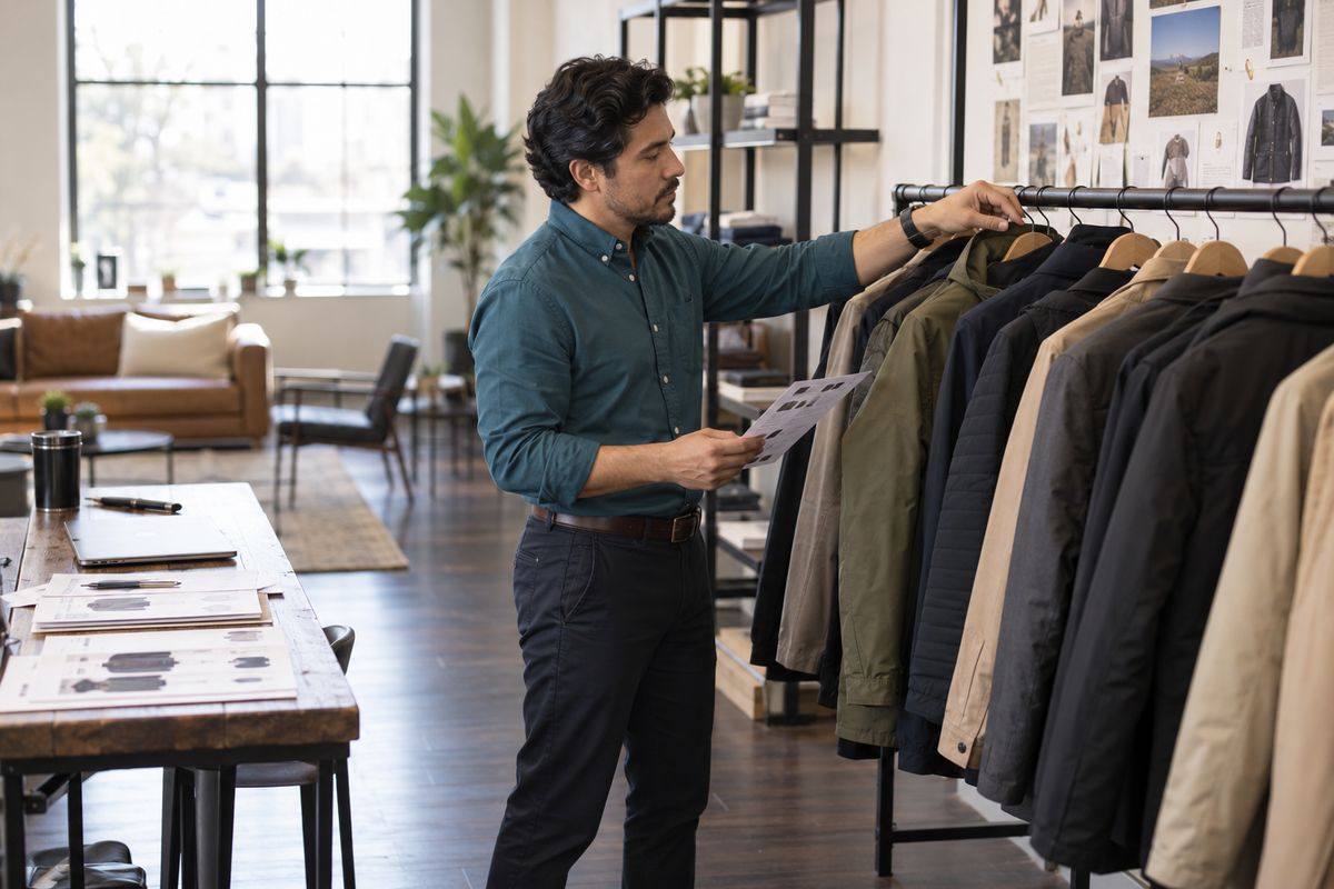 Account executive pulling outerwear samples from a rack
